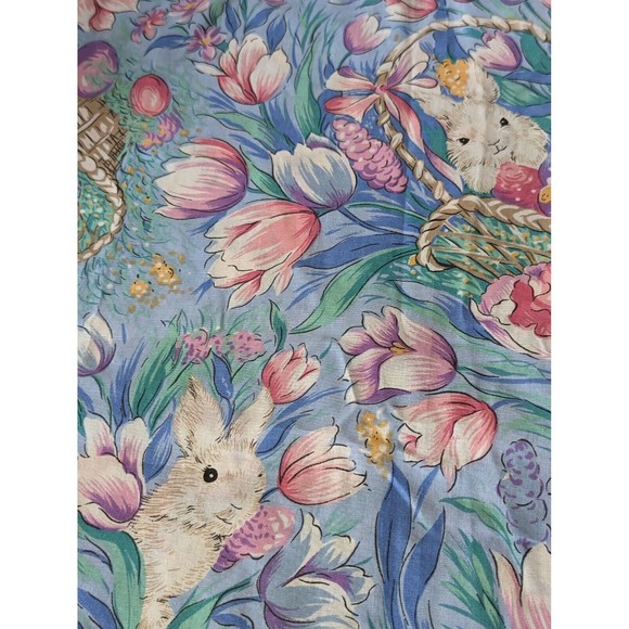 Vintage Easter Bunny Spring Tulips Tablecloth 60x82 Rabbits Blue Eggs Flowers - Picture 4 of 6